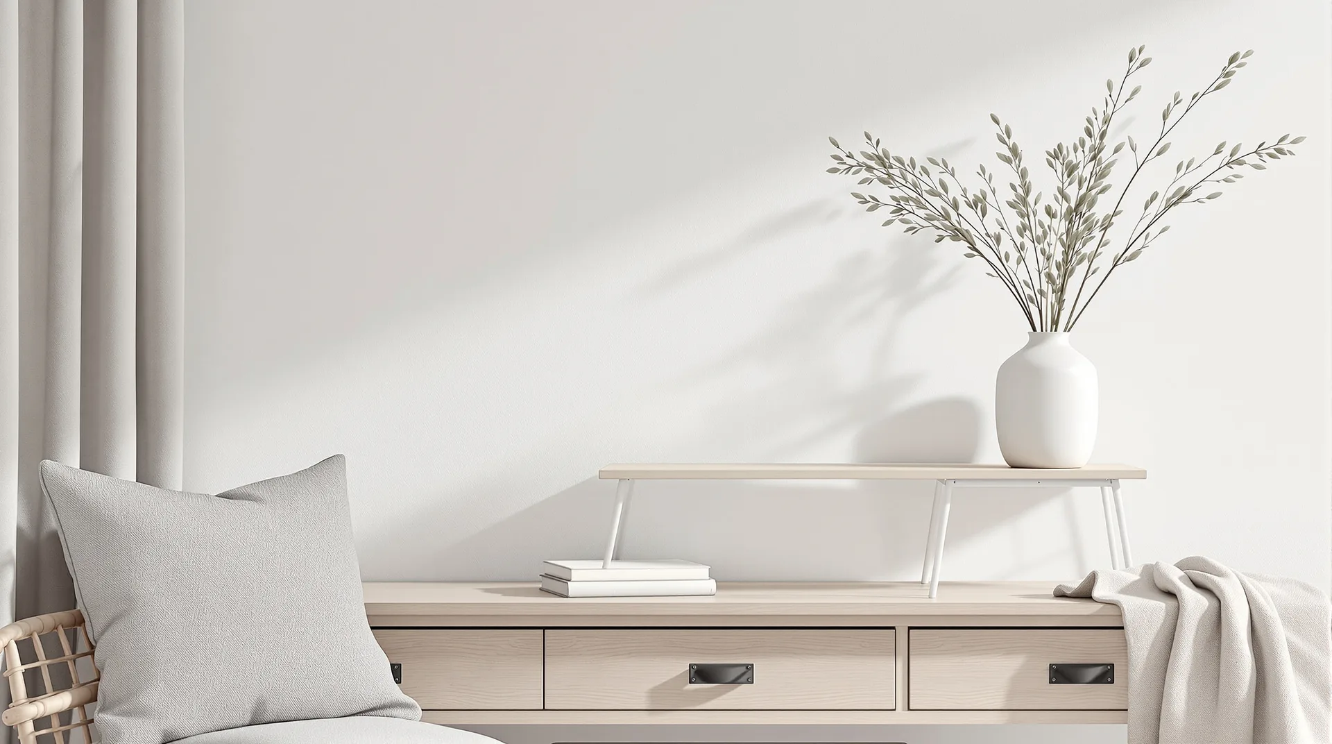 Console en chêne cérusé, vase en grès blanc et coussin en lin contre un mur blanc